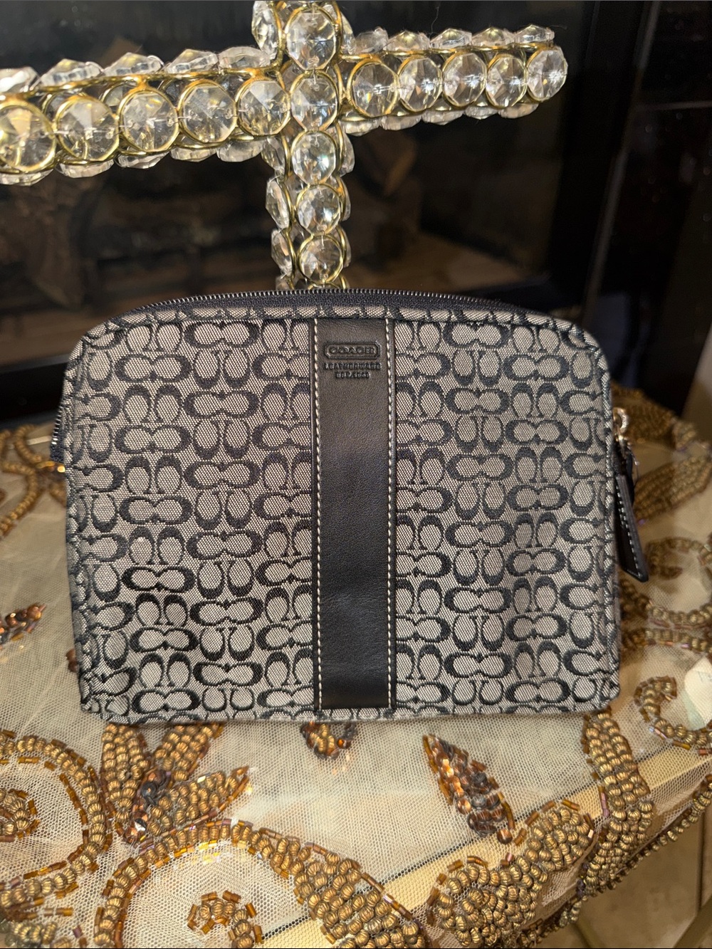 Coach Signature Jacquard Cosmetic Case in Gray and Black - Picture 7 of 10